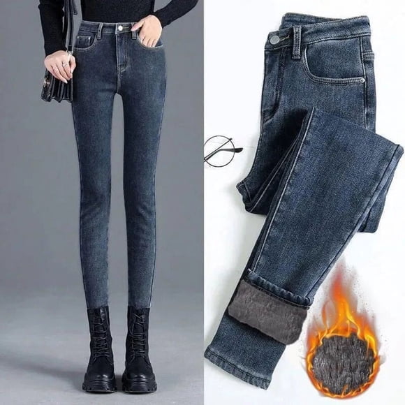 Skinny Warm Jeans Women Velvet Ankle Length Casual Thick Pencil Pants Basic Fleece Denim Trousers - thick blue gray / 32