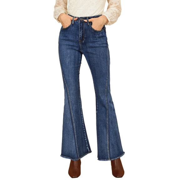 Unique Bargains Women's Vintage Long Pants Classic High Waist Denim Bell Bottoms Jeans