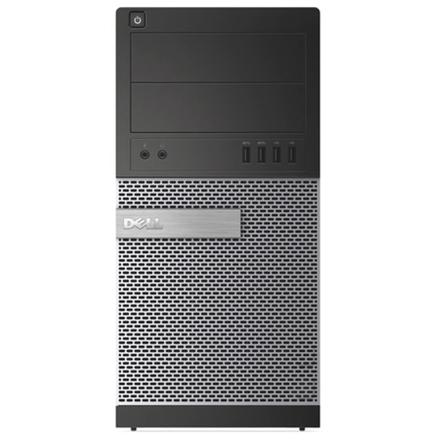 Dell Optiplex 7010 Tower Office Desktop Computer featuring an Intel Core i5 3rd Gen processor with speeds up to 3.60 GHz, 16GB RAM, and a 512GB solid-state drive. The refurbished desktop includes a USB WiFi adapter, keyboard, and mouse, and runs on Windows 10 Pro. The front panel showcases a sleek black and silver design with multiple USB ports and audio jacks for connectivity.