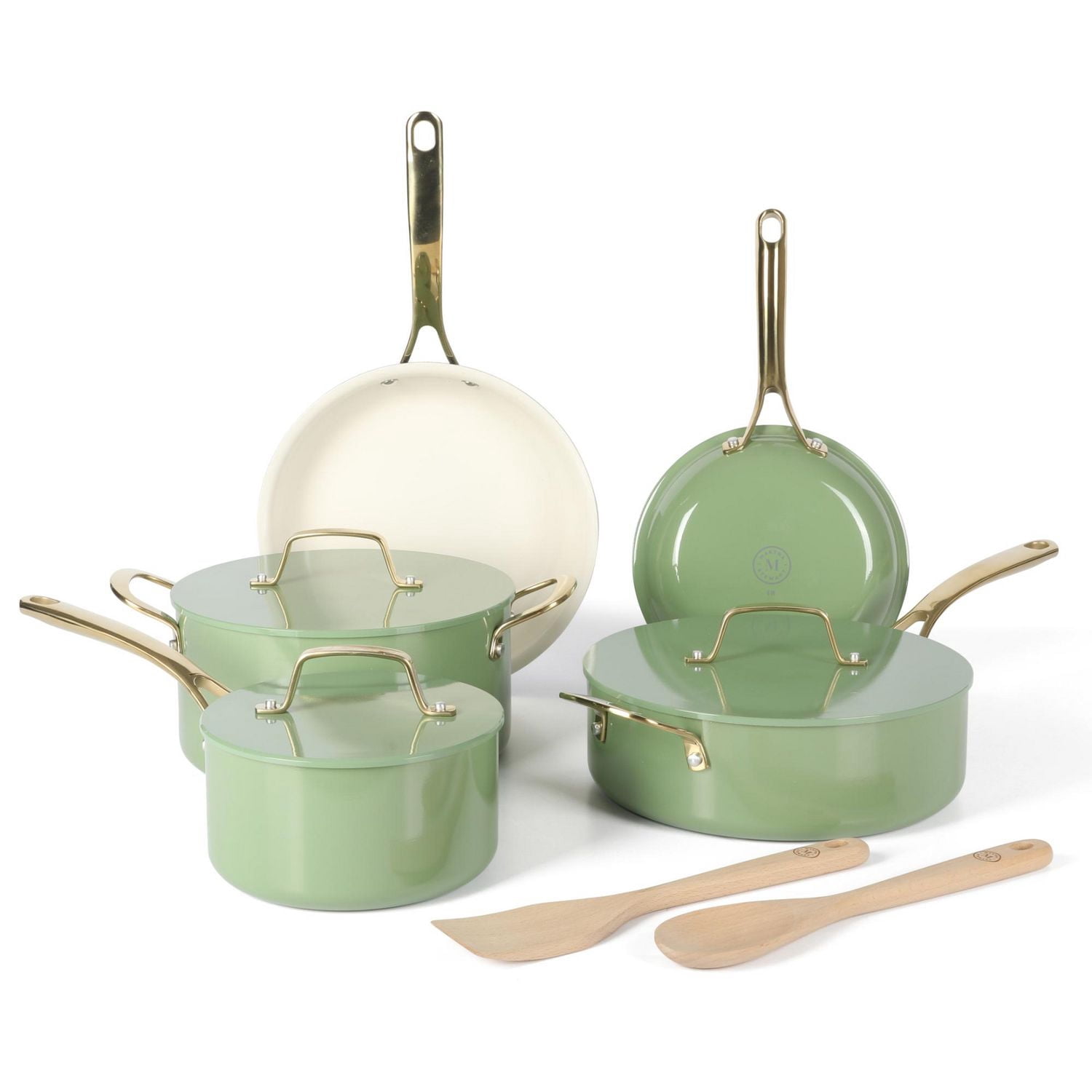 Martha Stewart Galway Batterie de cuisine 10 pièces en aluminium avec couvercle en alun Sauge