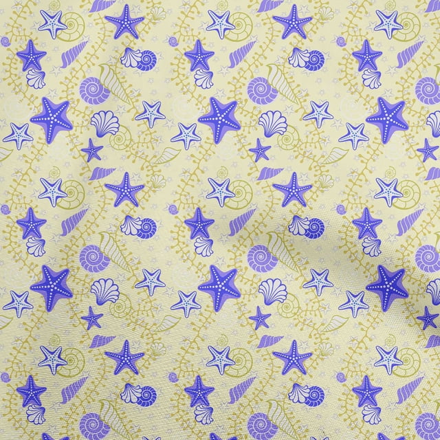 oneOone Rayon Light Yellow Fabric Beach Seashell Dress Material Fabric Print Fabric By The Yard 56 Inch Wide