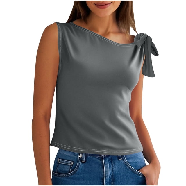 Timegard Womens Tank Tops Sleeveless Knot Strap Solid Color Comfy Slim Casual Cropped Tee Blouse Summer