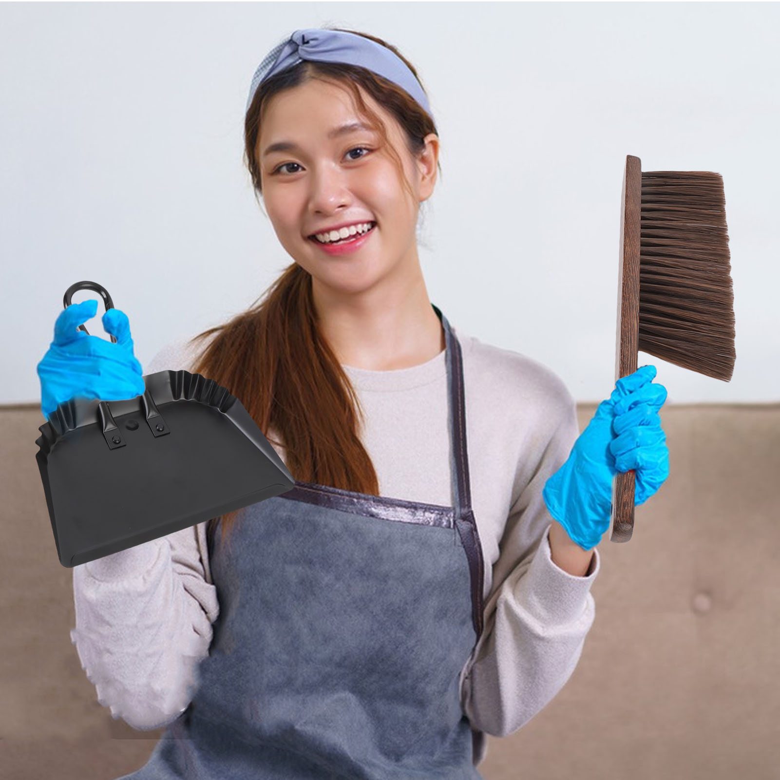 Dustpan and Brush Set, Dust Pan Broom Dense Bristles Stainless Steel Beech  for Kitchen