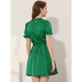 thumbnail image 4 of INSPIRE CHIC Robe Satinée à Manches Courtes Bouffantes pour Femme, Col Montant à Volants, Taille à Nouer, Vert, TP, 4 of 5