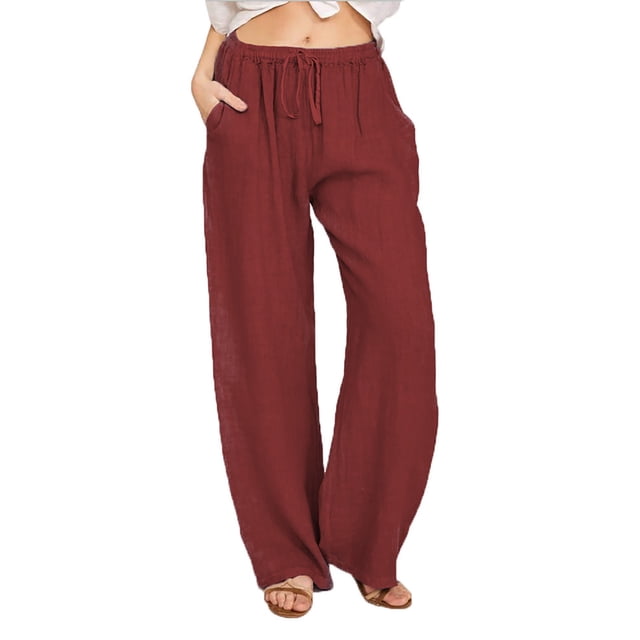 XZNGL Women Casual Solid Cotton Linen Drawstring Elastic Waist Long Wide Leg Pants