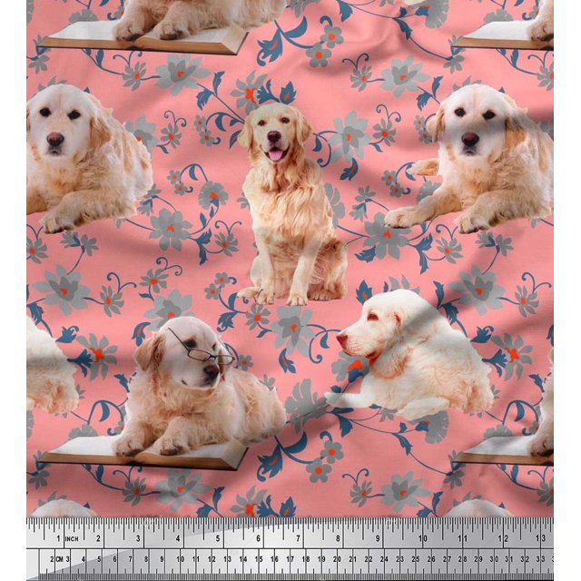 Soimoi Polyester Crepe Fabric Floral,Book & Golden Retriever Dog Print Fabric by Yard 42 Inch Wide