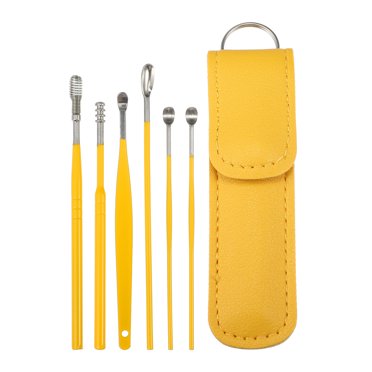 Unique Bargains 6Pcs Stainless Steel Ear Cleansing Tool Set with Faux Leather Packaging Yellow