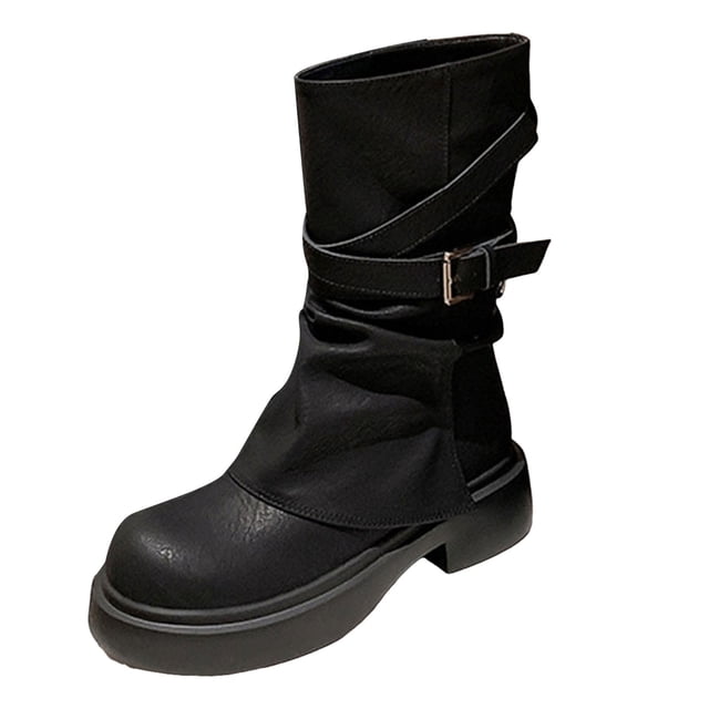 Platform Fold over Mid Calf Combat Boots for Women Fashion Slouchy Buckle Fall Motorcycle Riding Chunky Boots