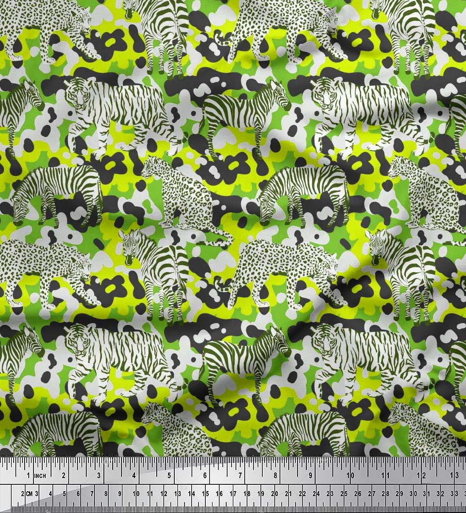 Soimoi Green polyester Crepe Fabric Tiger,Leopard & Wild Animal Fabric Prints by Yard 42 Inch Wide