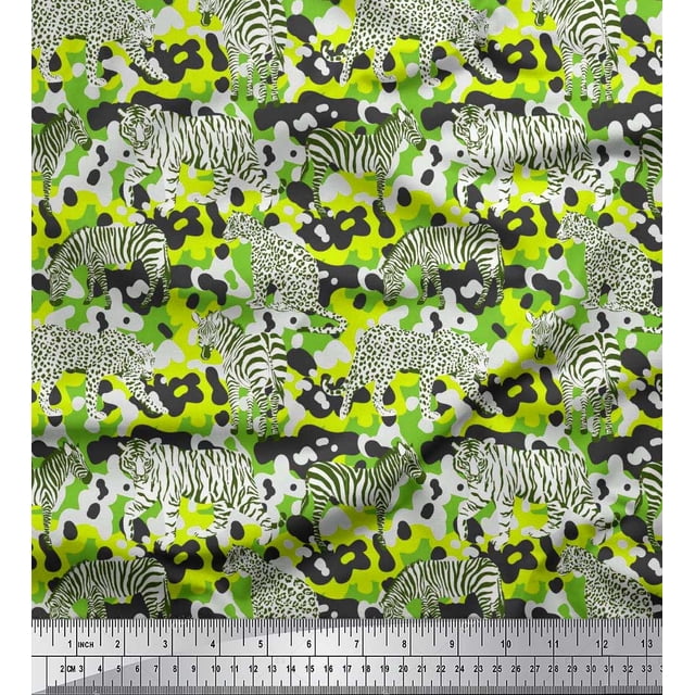Soimoi Green polyester Crepe Fabric Tiger,Leopard & Wild Animal Fabric Prints by Yard 42 Inch Wide