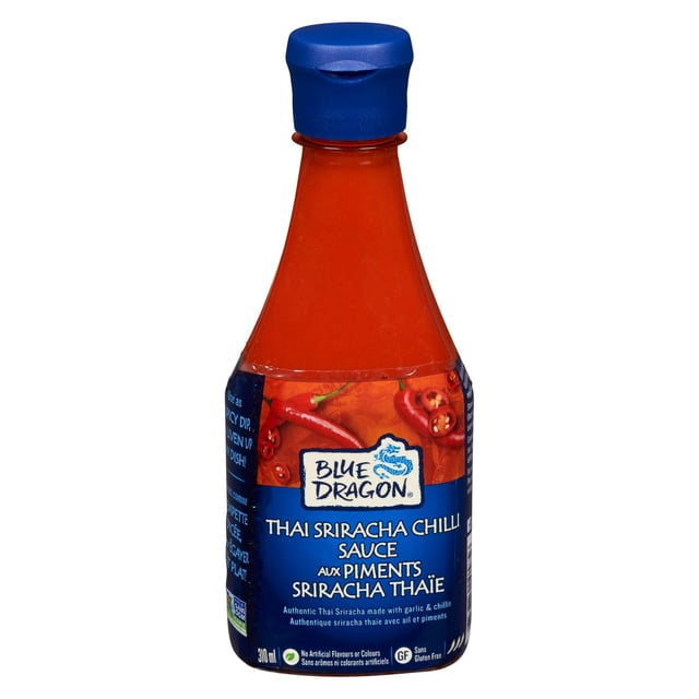 Blue Dragon Thai Sriracha Chilli Dipping Sauce, 310mL squeezable bottle with blue cap, containing authentic Thai red chili sauce made with garlic and chillies, gluten-free and free from artificial flavours, ideal as a spicy dip or marinade.