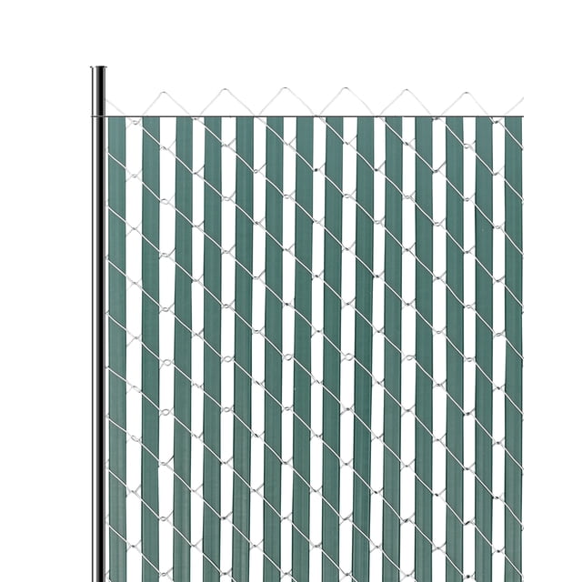 VEVOR Chain Link Fence Privacy Slats Double-Wall for 4' High Fence Bottom Lock Green. These 44.5-inch slats are made from durable, weather-resistant HDPE material and designed to fit 4-foot high chain link fences. The slats feature a double-wall construction for enhanced privacy and stability, providing approximately 75% privacy for 2-inch chain links. The green slats are secured with bottom locking channels, ensuring easy installation and a secure fit. Ideal for gardens, pools, farms, or sports fields.