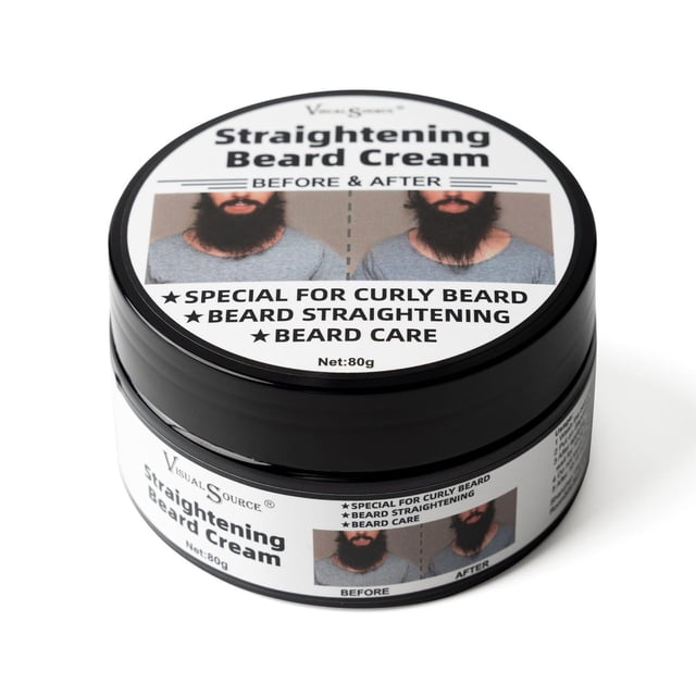 Beard Straightening Cream by Yiokii, 80g container, formulated to hydrate, smooth, add shine, and tame long curly beards. Ideal for men's grooming and beard care, the packaging displays before-and-after images highlighting beard transformation. Contains ammonium hydroxide and glycerin for effective straightening.