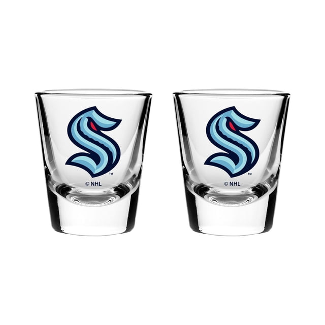 OFFICIALLY LICENSED NHL 2-PACK SHOT GLASS SEATTLE KRAKEN with two clear 2-ounce shot glasses featuring thick solid bases and the Seattle Kraken logo in blue and red on the front, dishwasher safe and ideal for home bar use or gifting.