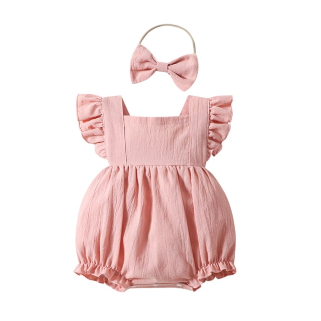 MIASHUI Girls Sleeveless Romper Toddler Fly Sleeve Solid Color Bodysuits Headbands Set in red, designed for girls aged 6-12 months. The romper features fly sleeves, a solid color design, and a gathered waist for a stylish look. Includes a matching headband with a bow. Made from soft, breathable materials suitable for any occasion, including indoor and outdoor wear or baby photography.