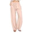 thumbnail image 1 of Dealovy Womens Cotton Linen Pants Elastic High Waisted Drawstring Wide Leg Solid Color Summer Lounge Trousers, 1 of 5