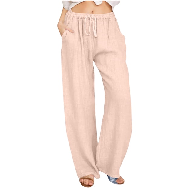 Dealovy Womens Cotton Linen Pants Elastic High Waisted Drawstring Wide Leg Solid Color Summer Lounge Trousers