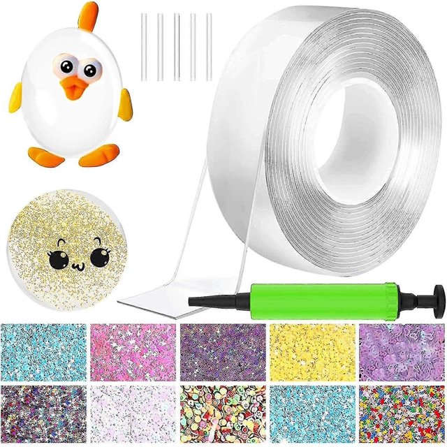Trousse de Bulles en Ruban Nano Améliorée avec Ruban Nano transparent Double Face, une Pompe Manuelle Verte et des Accessoires pour Créer des Bulles en Plastique Élastiques. Comprend des Paillettes, des Perles et des Matériaux Décoratifs pour des designs de Bulles DIY. Idéale pour Soulager le stress, des Jeux de Fête et un Plaisir Nostalgique pour Tous les Âges.