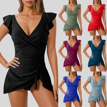 yoeyez Robe de Bain une Pièce pour Femmes, Contrôle du Ventre, Maillot à Volants pour Femmes, Robe de Bain à Nœud, Cache-Cœur à Encolure en V, Maillot de Bain Jupe de Plage, Bleu Ciel, M