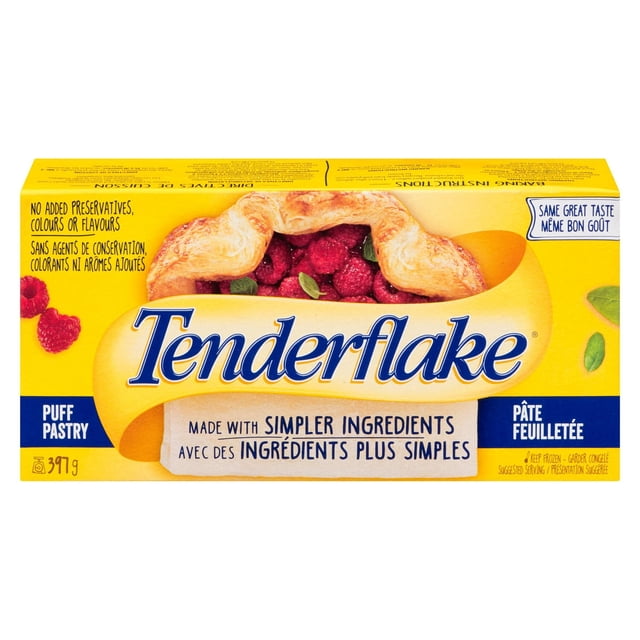 Tenderflake Puff Pastry 397 g box with yellow and blue packaging showing a golden baked puff pastry filled with fresh raspberries, made with simpler ingredients and no added preservatives, colours, or flavours, ideal for frozen breakfast pastries in Canada.