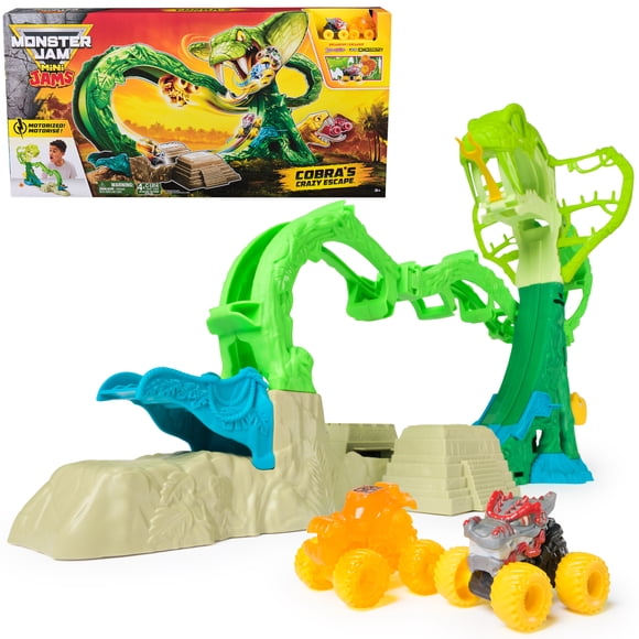 Monster Jam Mini Jams, Cobra's Crazy Escape, Coffret motorisé de 71,1 cm avec 2 monster trucks exclusifs, ThunderROARus et JCB Digatron, jouets pour garçons et filles à partir de 3 ans