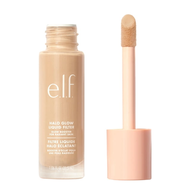 e.l.f. Halo Glow Liquid Filter in a clear recyclable glass bottle with beige liquid and white text, shown with a peach applicator wand featuring a sponge tip coated in the product, a multi-purpose glow booster for radiant, dewy skin suitable for dry, oily, and combination skin, wearable alone, under or over makeup, or mixed with foundation.