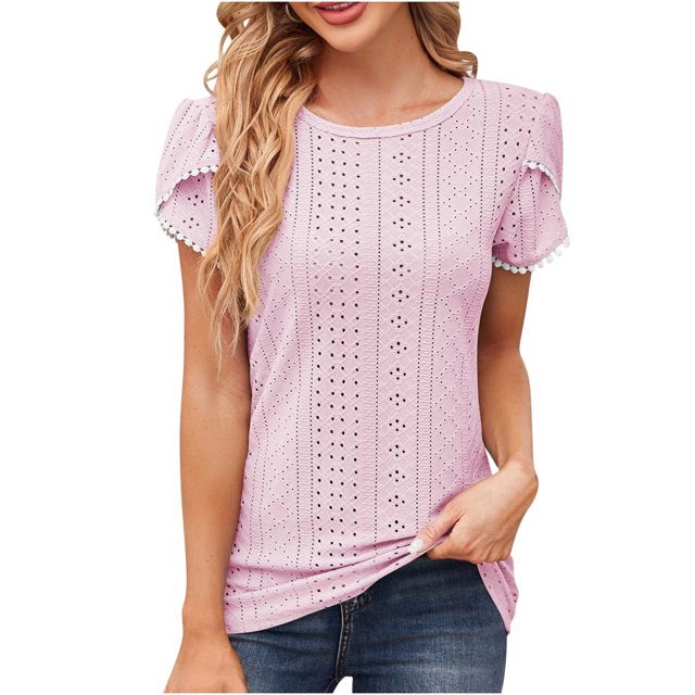 Timegard Hauts d'Été pour Femmes, Oeillets, Col Rond, Blouse à Manches Courtes Pétale, Chic Décontracté, Hauts Amples