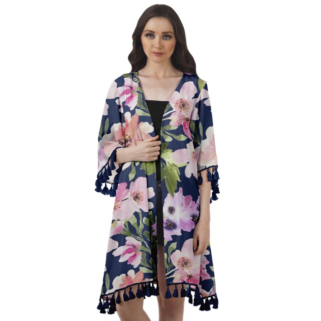 Moomaya Front Open Printed Shrug 3/4 Sleeve Georgette Beach Cover Up For Women
