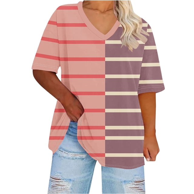 Plebaso Womens Plus Size V Neck T Shirts Short Sleeve Color Block Tee Summer Casual Loose Tops for Women