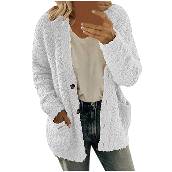 EINCcm Fall Winter Sweaters for Women Plus Size Sweaters for Women Women Casual Plus Size Plush Sweater Pockets Outerwear Buttons Cardigan Coat White M