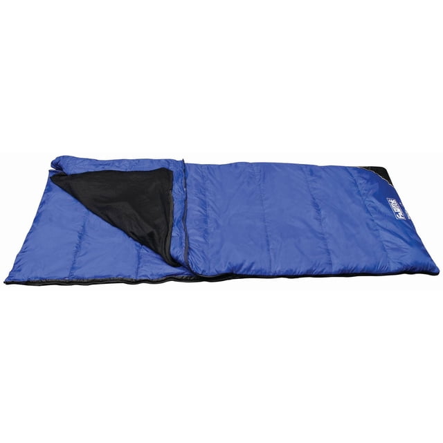 North 49 Nova Sleeping Bag with Removable Fleece Blanket in blue with black fleece interior, rectangular shape with large side zippers for ventilation, nylon shell, warm hollow soft insulation, and includes a stuff sack for portability, shown fully open on a white background.