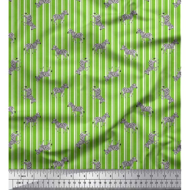 Soimoi Green polyester Crepe Fabric Stripe & Wild Animal Printed Fabric 1 Yard 52 Inch Wide