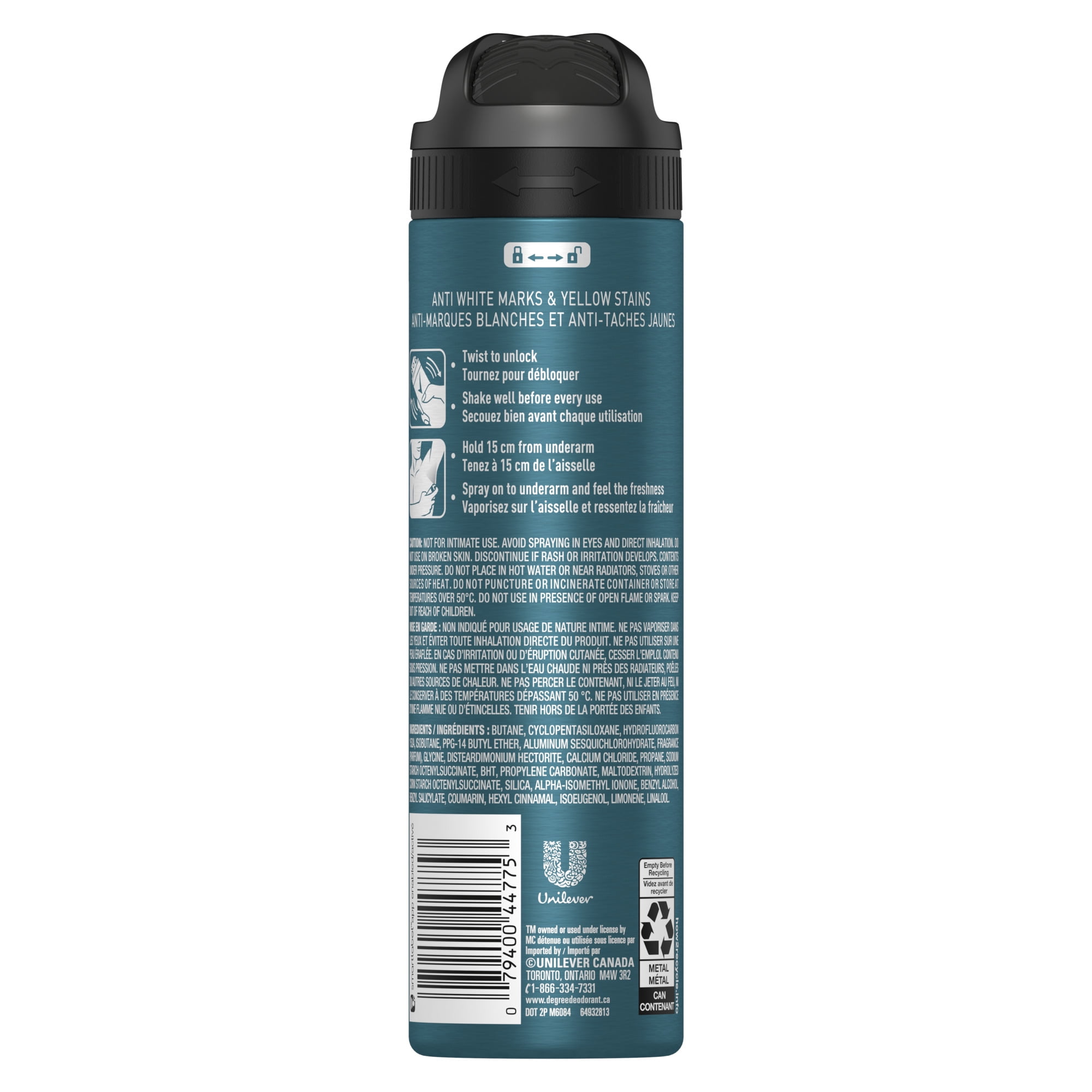 Degree Men Antisudorifique en Vaporisateur à Sec UltraClair Noir+Blanc Frais, 107 g