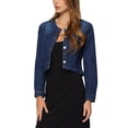 thumbnail image 4 of INSPIRE CHIC Vestes en Denim pour Femmes Sans Col Manches Longues Boutonnées Vestes en Jean Courtes TG Bleu Foncé, 4 of 7