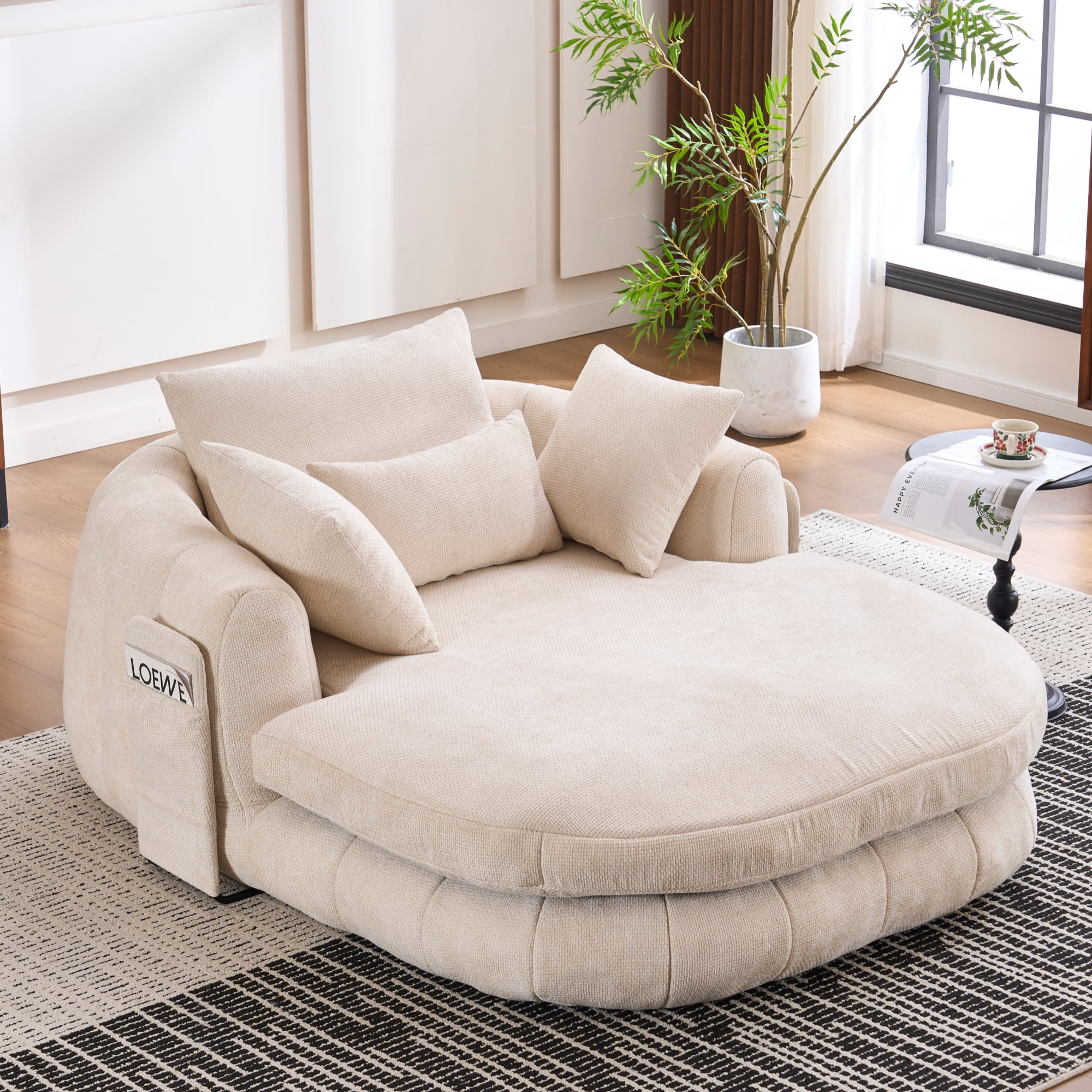 Chaise longue Noble House surdimensionnée, canapé-lit profond en chenille, beige