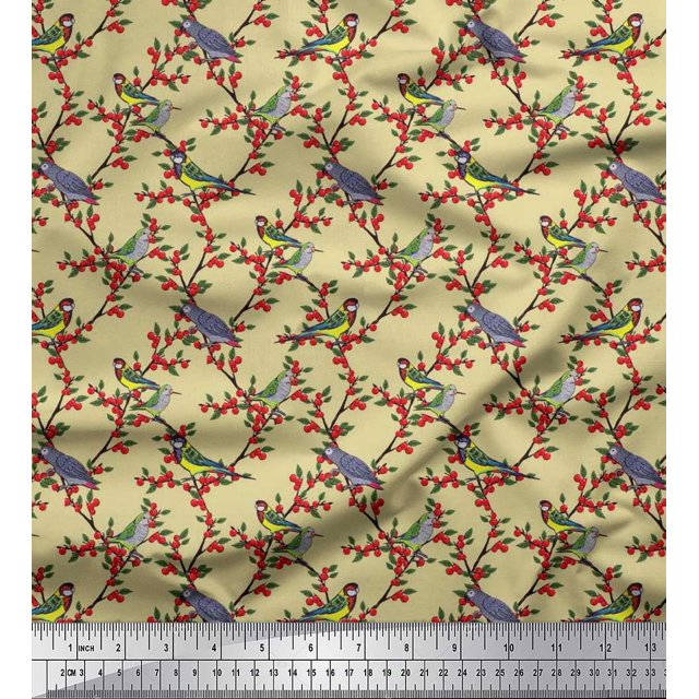 Soimoi polyester Crepe Fabric Leaves,Red Berries & Parrot Bird Print Fabric by Yard 42 Inch Wide