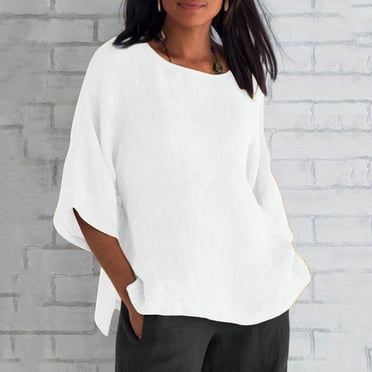 DPTALR Women's Summer Cropped Sleeves Round Neck Cotton Line Loose Shirt Blouse