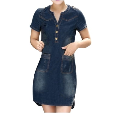 FAVIPT Robes en Denim pour Femmes avec Poches Robe Décontractée Mode Manches Courtes Sans Col Robes en Jean Robe Ajustée Usée Bleu Foncé, TTG