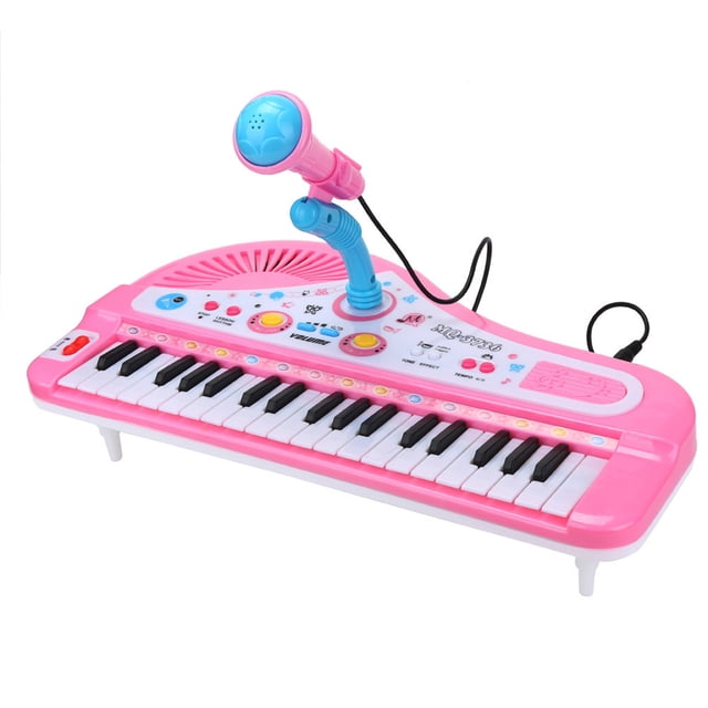 37-Key Electronic Piano with Microphone, Musical Learning Toy for Kids, featuring a pink plastic design with black and white keys, adjustable height stand, and external microphone. Includes 4 rhythm patterns, demo songs, volume adjustment, and is a portable keyboard. Suitable for ages 1+, powered by 4 AA batteries (not included).