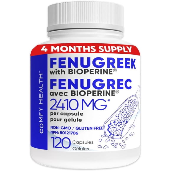 COMFY HEALTH Fenugreek Capsules, 2410mg Per Capsule, 120 Count, Fenugreek Pills With Bioperine For Superior Absorption, Non-GMO, Gluten Free Fenugreek Seeds Extract Supplements, Fenogreco Capsulas