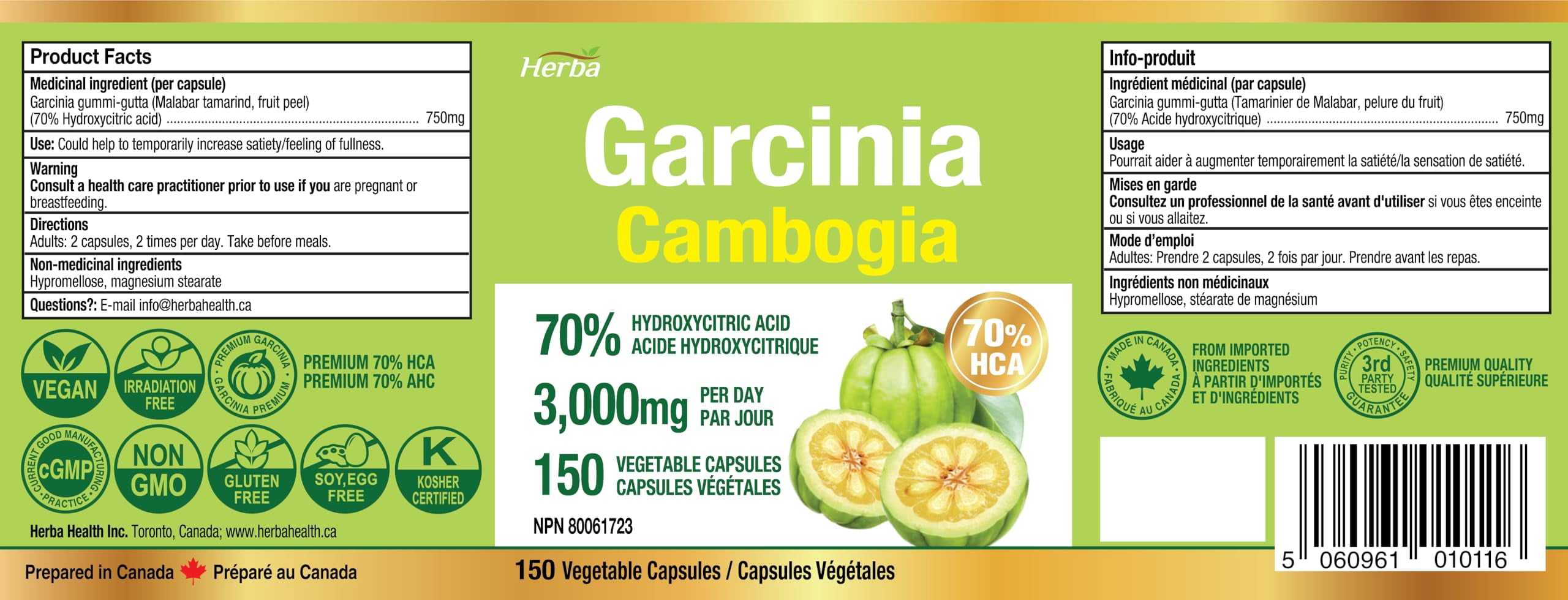 garcinia & l-carnitine 70 hca Herba Cambogia Extract 750mg – 150 Capsules | 70% | Made in Canada Herba Garcinia Cambogia Extract 750mg