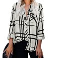 thumbnail image 2 of IROINID Hauts pour Femmes Grande Taille Réduits, Haut de Détente à Col à Revers, Ample, Boutonné, Manches Longues, Blouse à Imprimé Carreaux, Blanc, 2 of 8