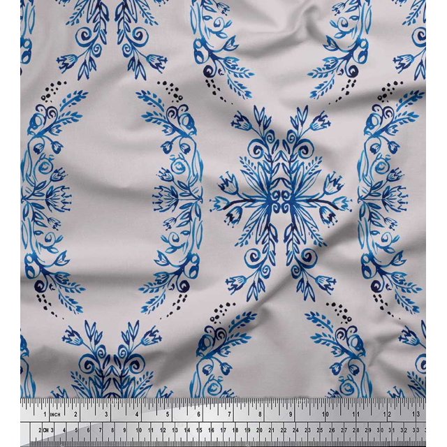 Soimoi polyester Crepe Fabric Floral & Ogee Damask Printed Craft Fabric by the Yard 42 Inch Wide