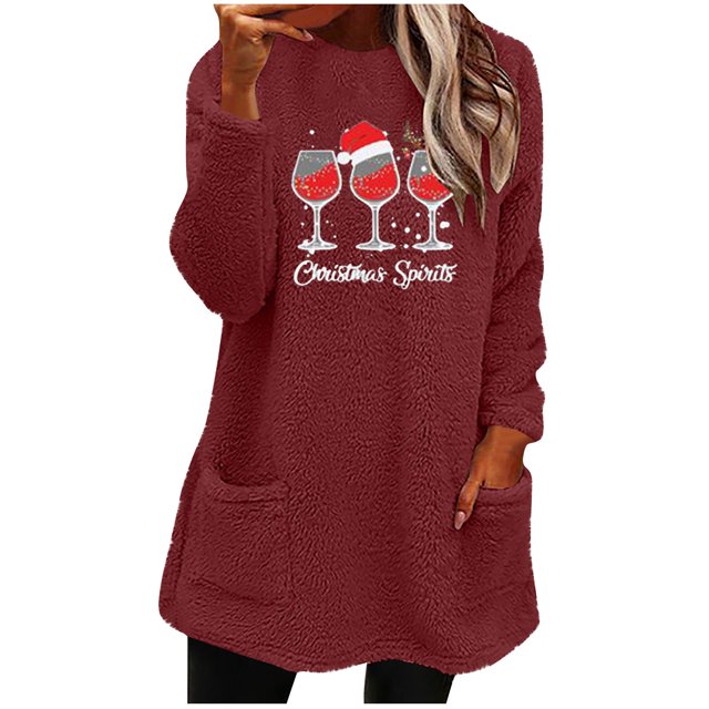 Pisexur Fuzzy Chandails de Noël pour Femmes Doublés en Molleton à Manches Longues à Col Rond Chandail d'Hiver Chaud Imprimé Verres de Vin Rouge Chandail de Noël à Enfiler Hauts avec Poches