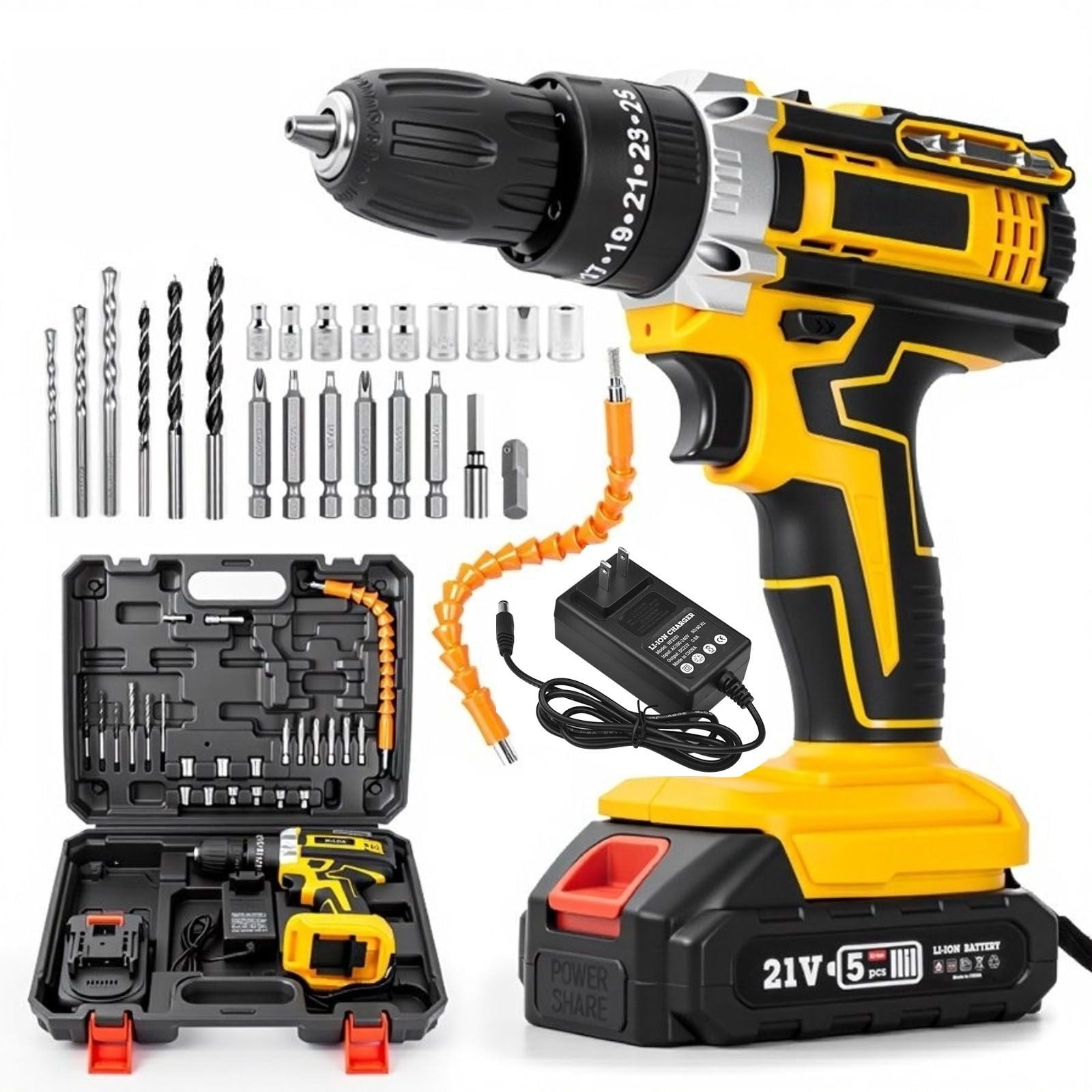 21V Cordless Impact Drill Set with 24-Piece Accessories - 25N.m Torque, 2-Speed (0-350/1400RPM), 3/8" Auto Chuck, Ergonomic Rubber Grip, LED Light, 1300mAh Lithium Battery & Charger, Yellow, US Plug