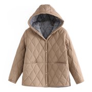 hoksml Quilted Jackets for Women, Winter Warm Pocket Snap Buttons Coat Hooded Jacket Down Parkas