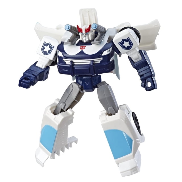 Transformers Cyberverse Action Attackers: Warrior Class Prowl Action Figure Toy in robot mode with white, navy blue, and light blue plastic, star shield emblems on shoulders, articulated limbs, and a detailed face with red horns, ideal for battling toys and convertible play.