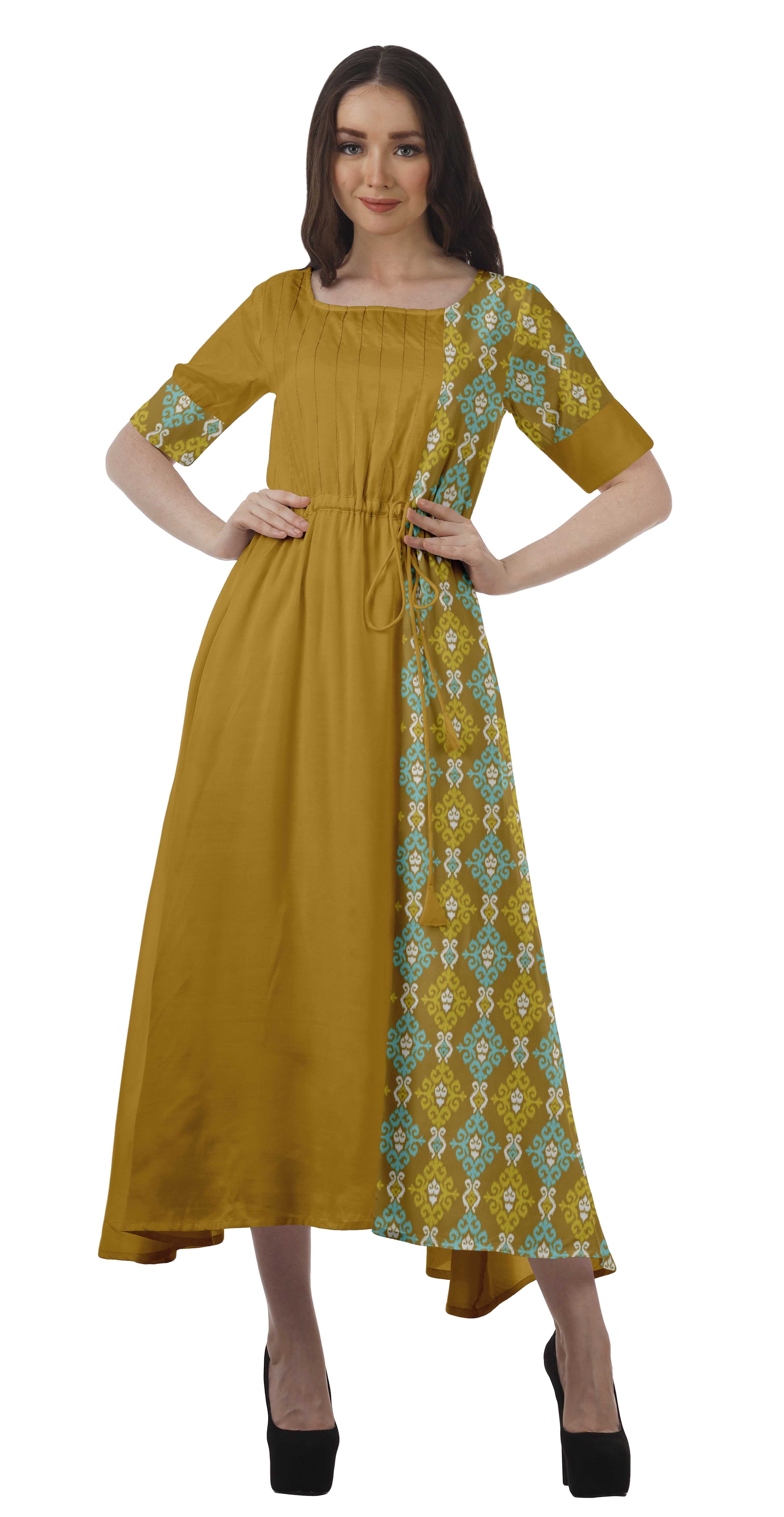 Moomaya Women Printed Short Sleeve Viscose Santoon Drawstring Waist Midi Dress