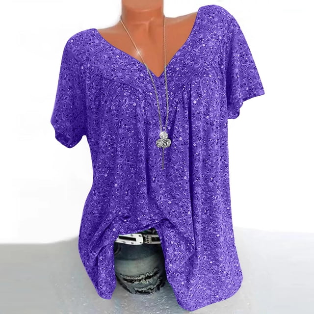 EGNMCR T-Shirts pour Femmes Femmes Grande Taille Manches Courtes Col en V Blouse à Imprimé Chandail Hauts Manches Courtes Blouses