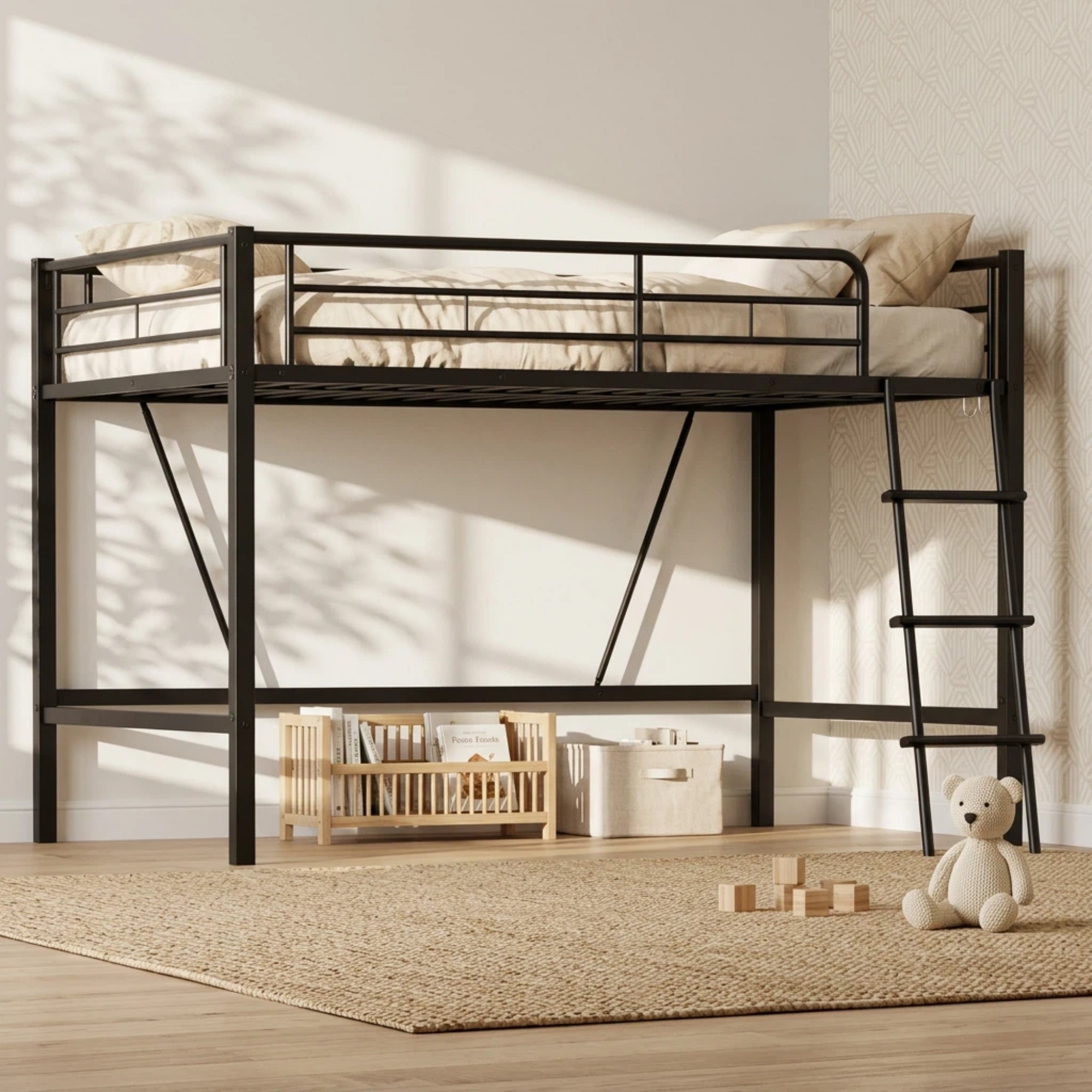 Noble House Metal Twin Loft Bed Frame,Heavy Duty Steel with Removable Ladder & Full Guardrail,Under-Bed Space No Box Spring,Black